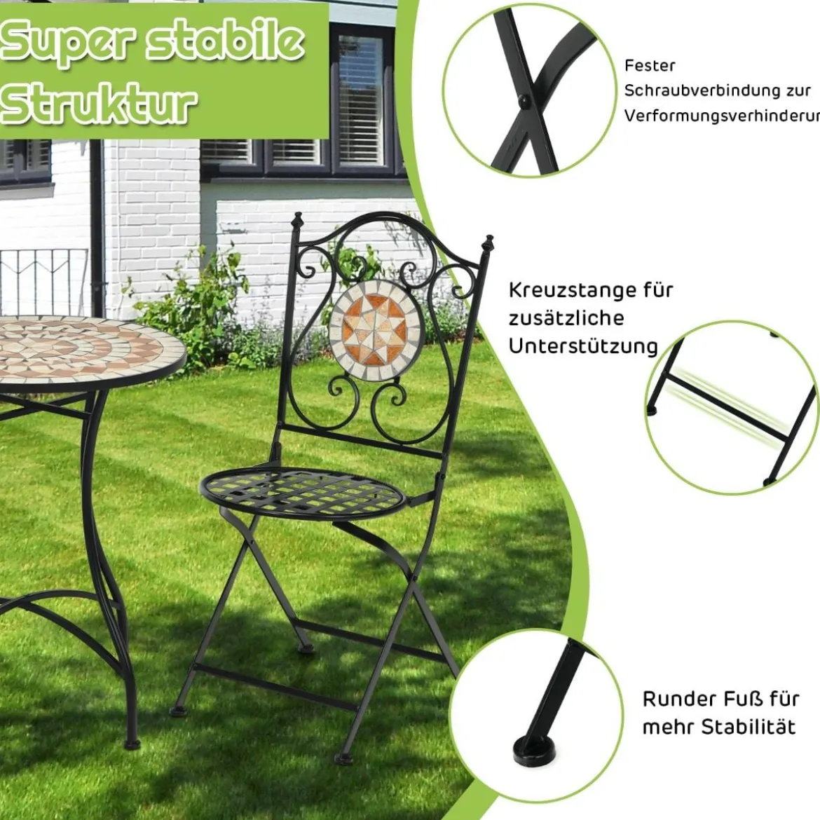 2er-Set Mosaik-Stühle Klappstuhl-Set aus Metall mit Rückenlehne 54 x 40 x 94,5 cm Schwarz