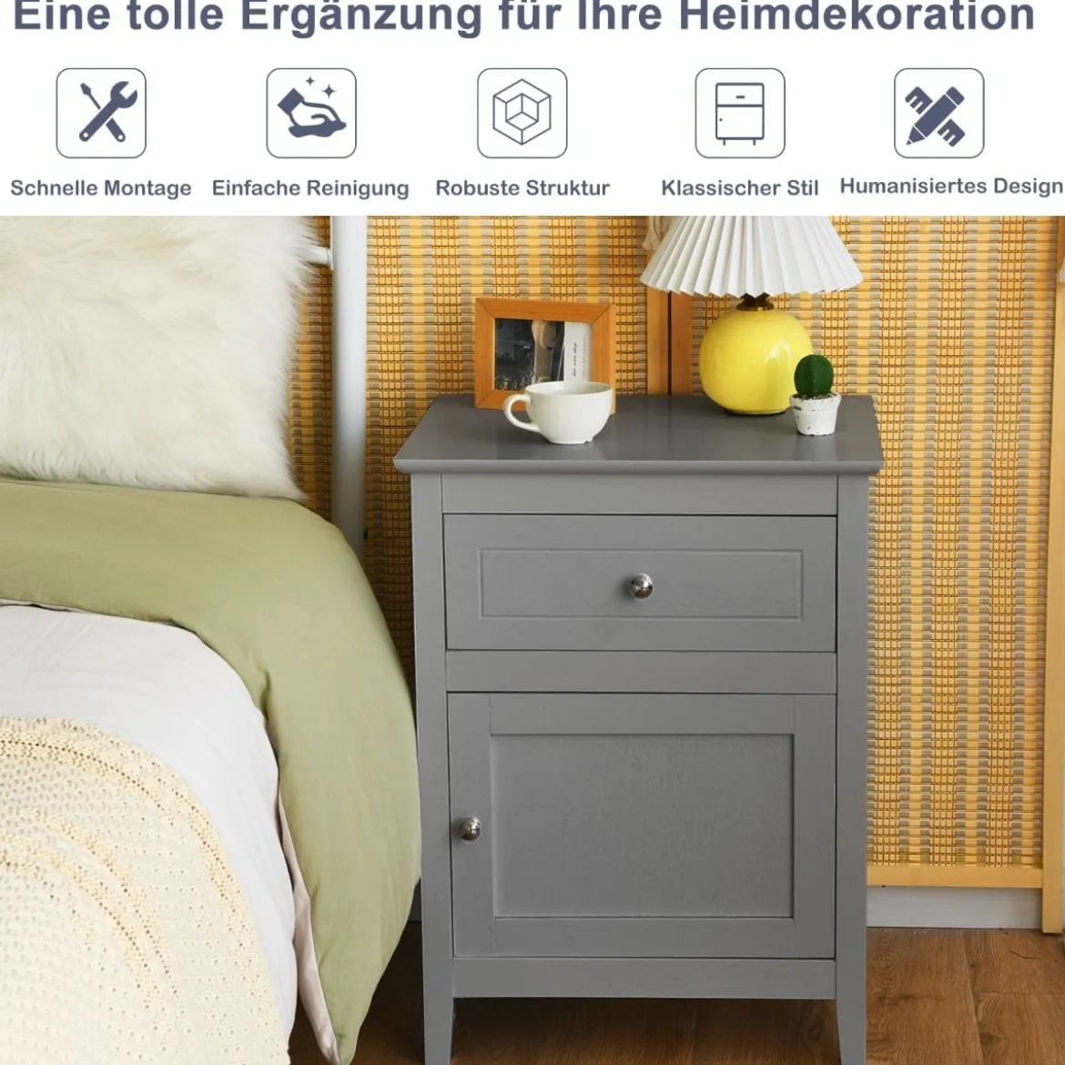 2er Set Nachttisch aus Kiefernholz mit Schublade und Tür 2-stufiger Akzenttisch Beistelltisch Hellgrau