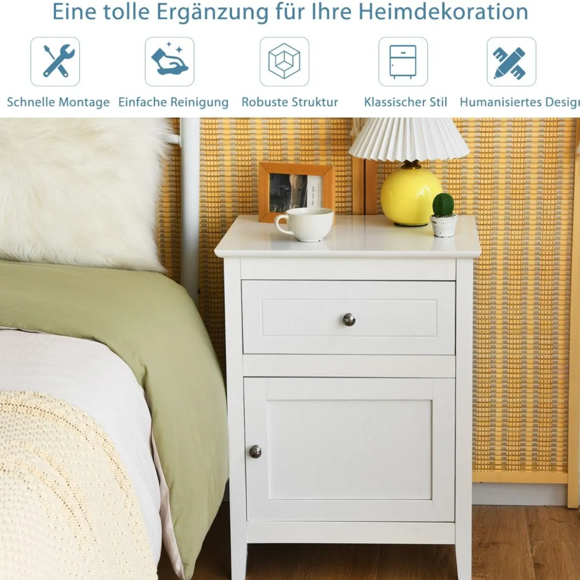 2er Set Nachttisch aus Kiefernholz mit Schublade und Tür 2-stufiger Akzenttisch Beistelltisch Weiß