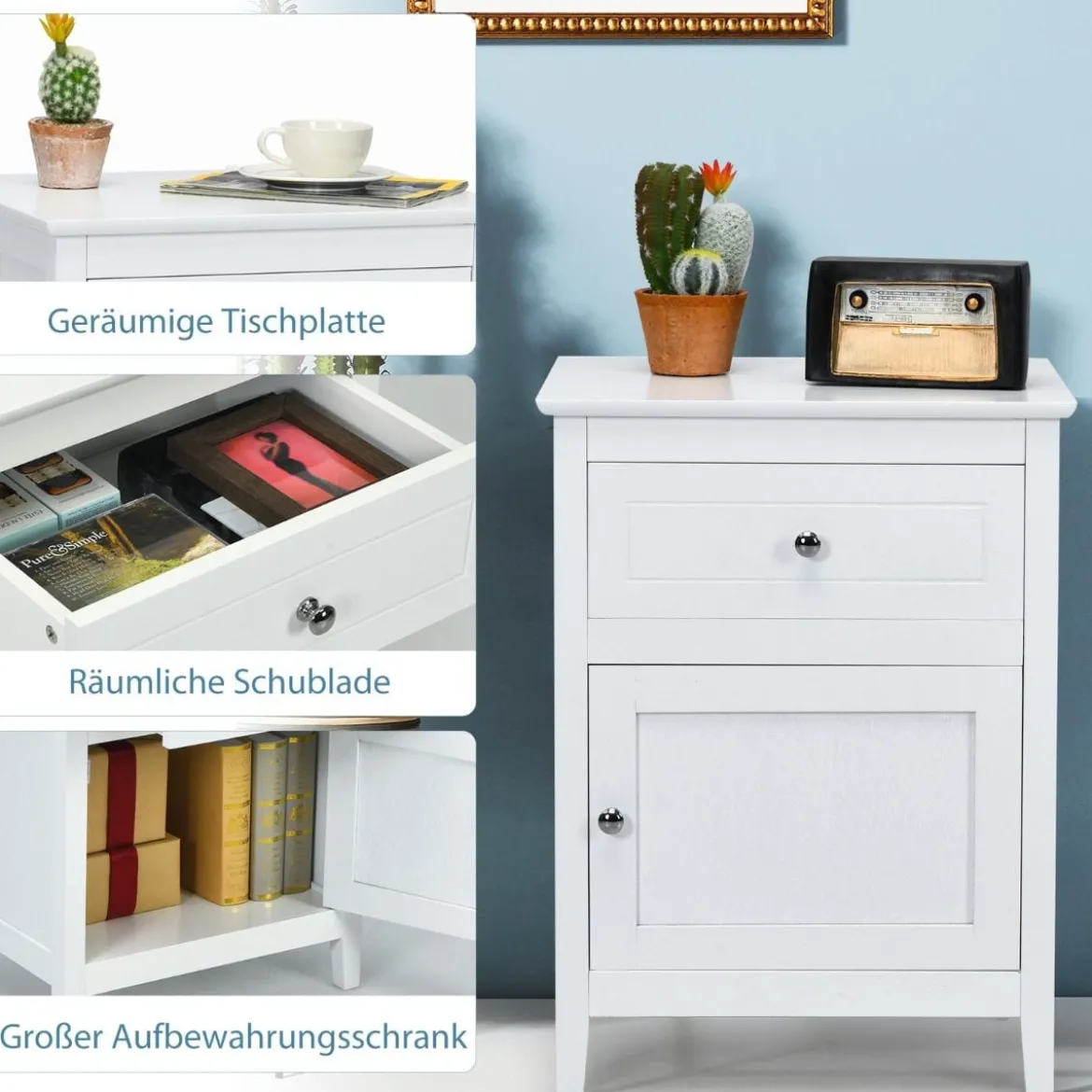 2er Set Nachttisch aus Kiefernholz mit Schublade und Tür 2-stufiger Akzenttisch Beistelltisch Weiß