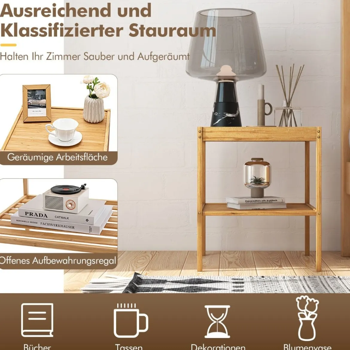 2er-Set Nachttische aus Bambus 2-stufiger Beistelltisch 40 x 40 x 45 cm Natur