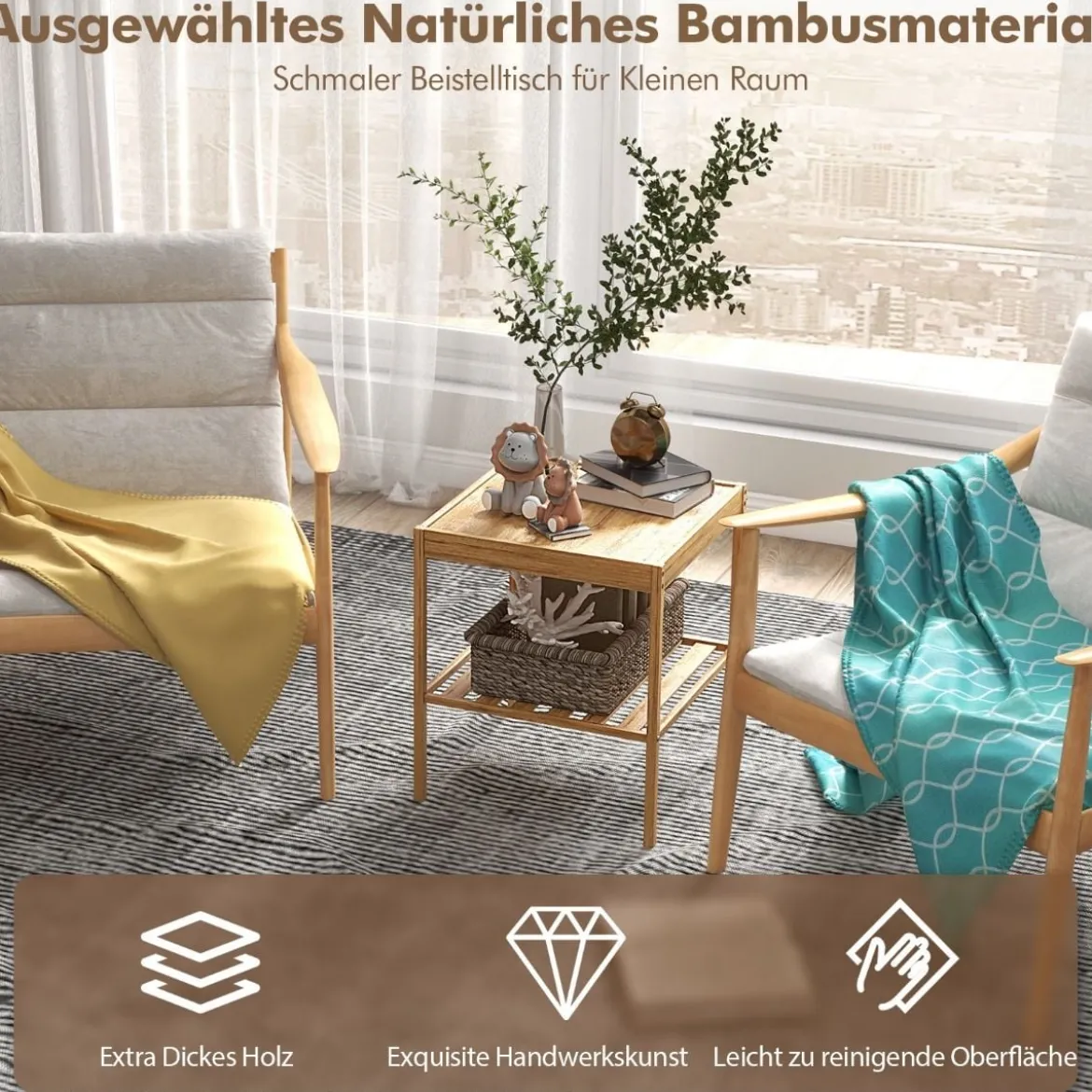 2er-Set Nachttische aus Bambus 2-stufiger Beistelltisch 40 x 40 x 45 cm Natur