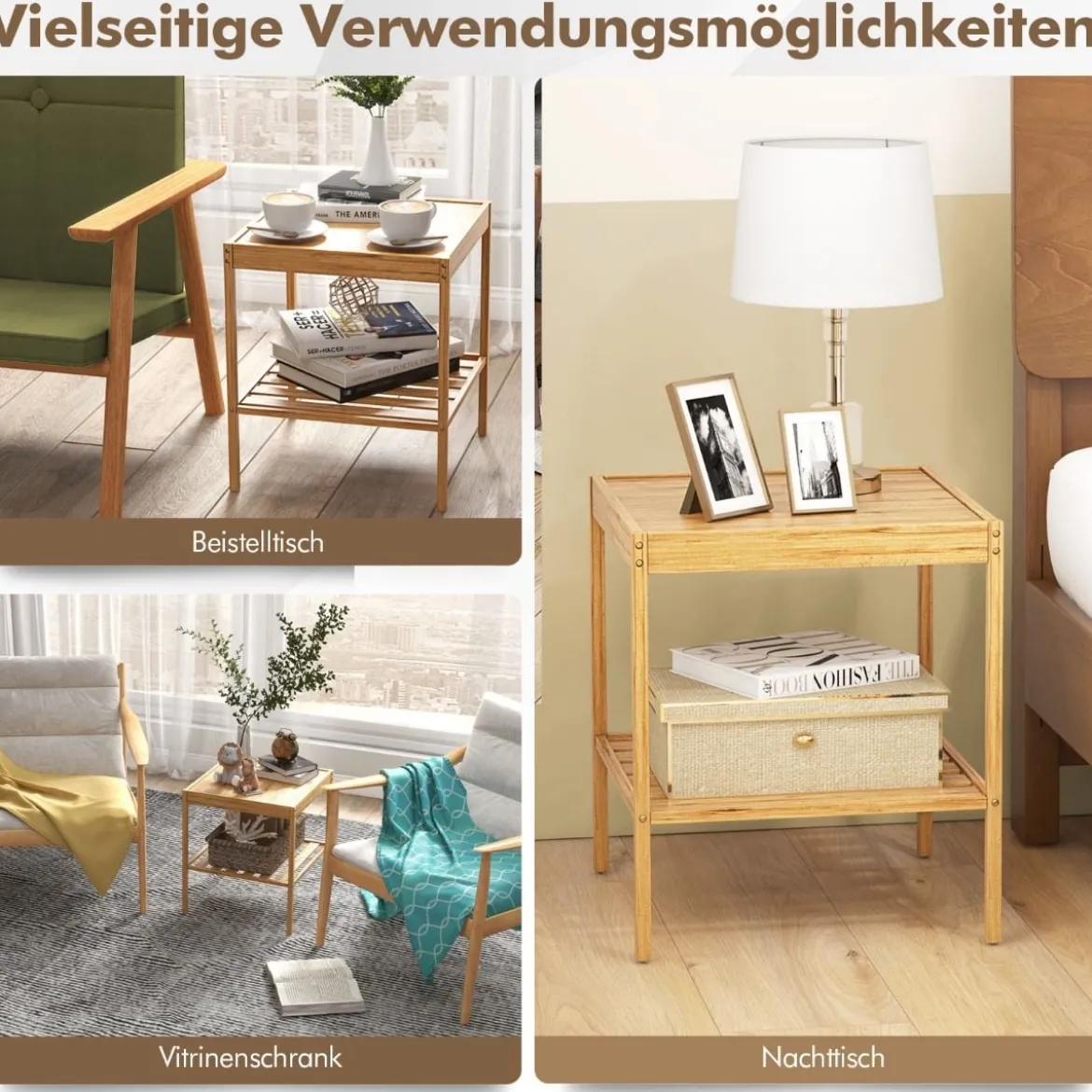 2er-Set Nachttische aus Bambus 2-stufiger Beistelltisch 40 x 40 x 45 cm Natur