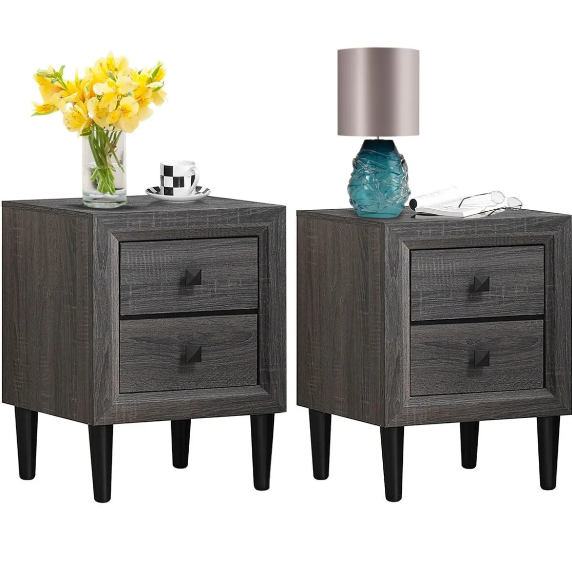 2er Set Nachttische Holz Beistelltisch mit 2 Schubladen Kaffeetisch modern Sofatisch Grau