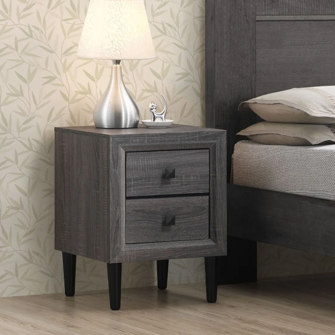 2er Set Nachttische Holz Beistelltisch mit 2 Schubladen Kaffeetisch modern Sofatisch Grau