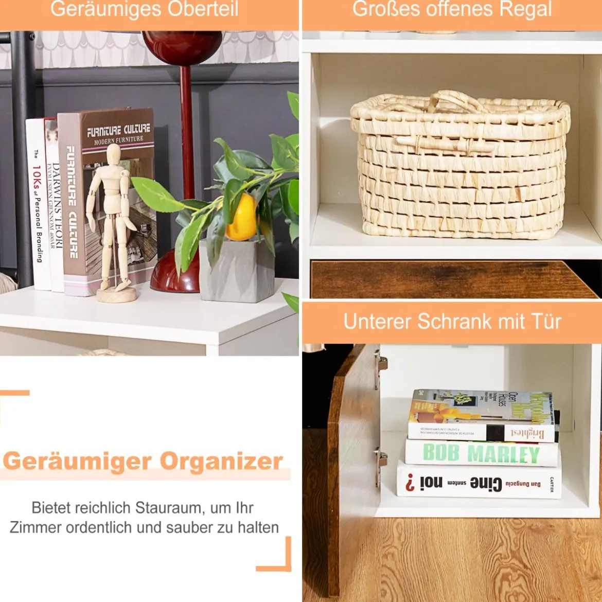 2er Set Nachttische Holz Beistelltisch mit offenem Regal & Türschrank 3 Ebenen Kaffeetisch Sofatisch Weiß