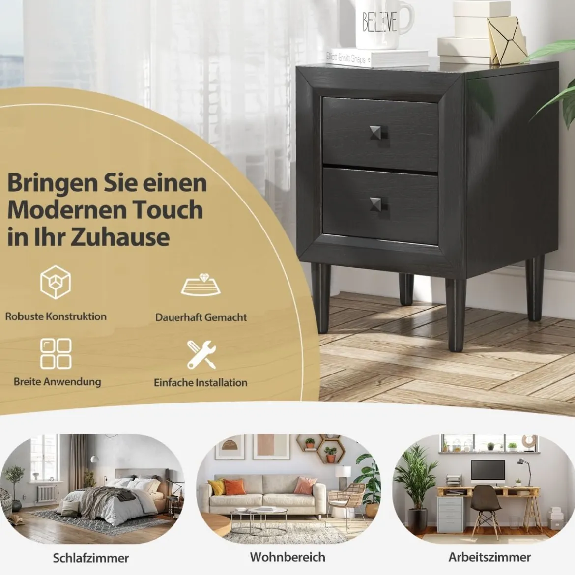 2er Set Nachttische Holz Beistelltisch mit 2 Schubladen Kaffeetisch modern Sofatisch Schwarz