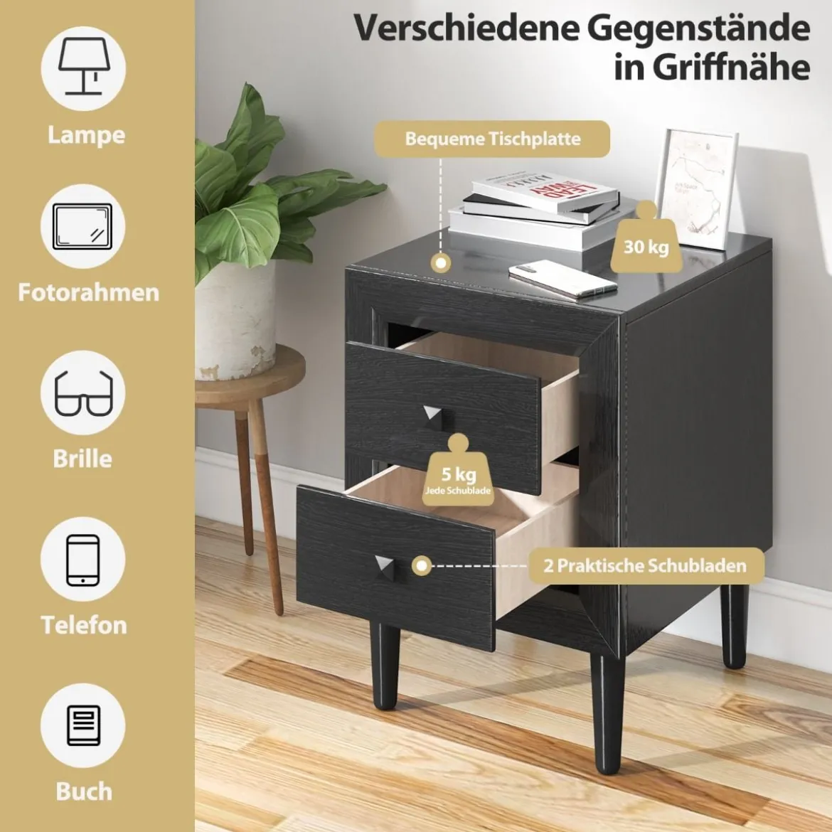 2er Set Nachttische Holz Beistelltisch mit 2 Schubladen Kaffeetisch modern Sofatisch Schwarz