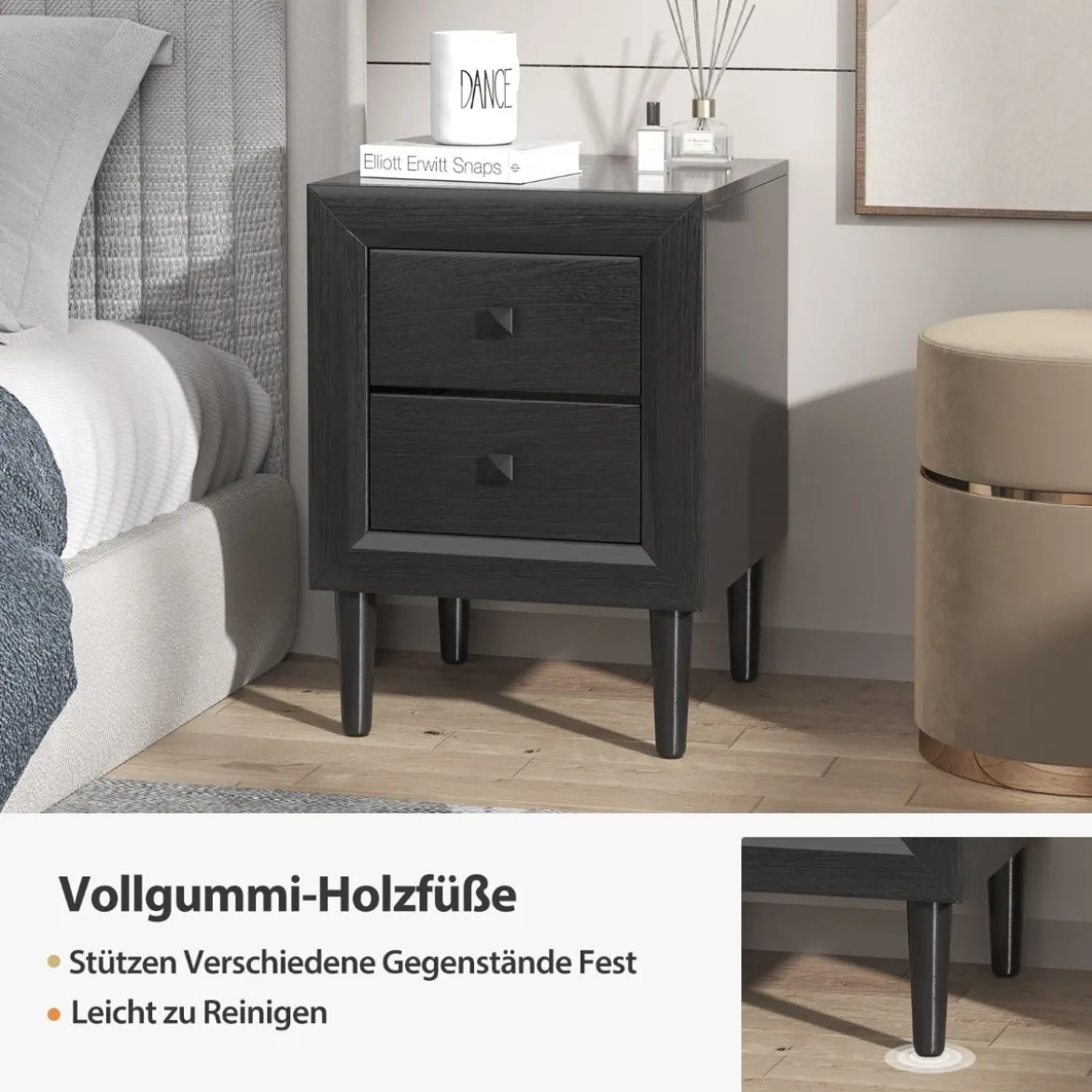 2er Set Nachttische Holz Beistelltisch mit 2 Schubladen Kaffeetisch modern Sofatisch Schwarz
