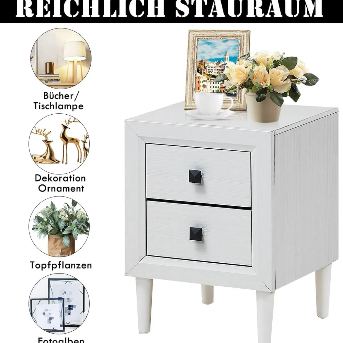 2er Set Nachttische Holz Beistelltisch mit 2 Schubladen Kaffeetisch modern Sofatisch Weiß