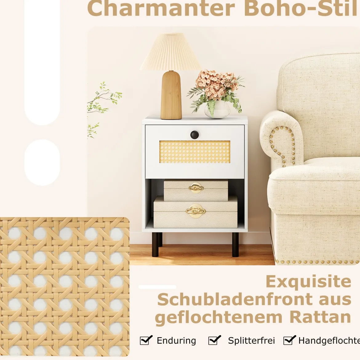 2er Set Nachttisch im Boho-Stil mit Rattan-Schublade 4 stabile Beine 2 Kippsicherungen