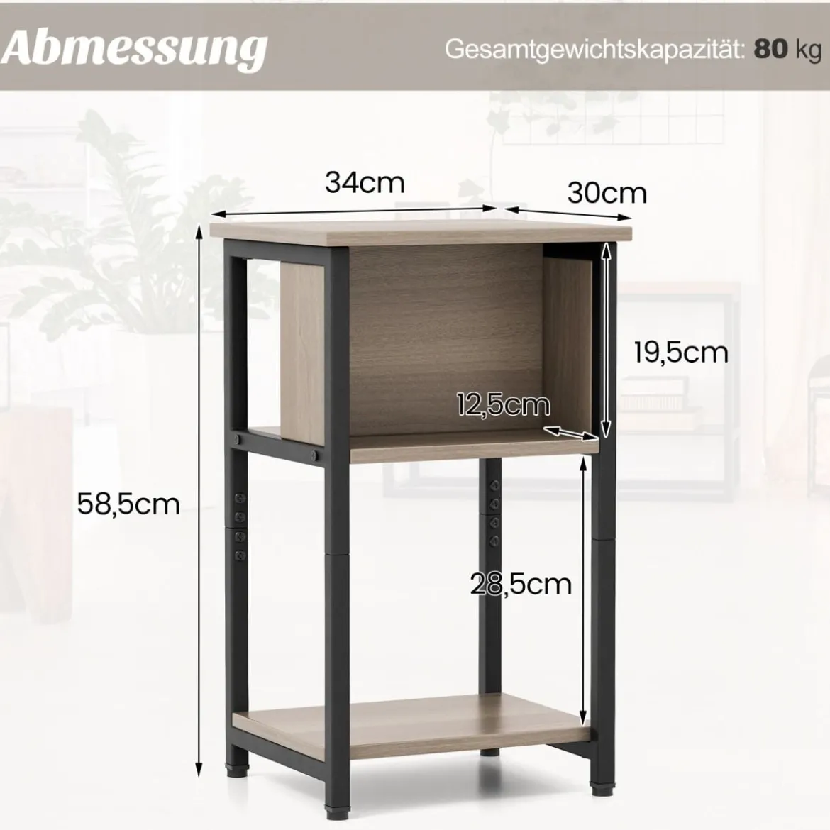 2er Set Nachttisch mit Ablage & Verstellbaren Fußpolstern Beistelltisch Sofatisch 34 x 30 x 58,5 cm