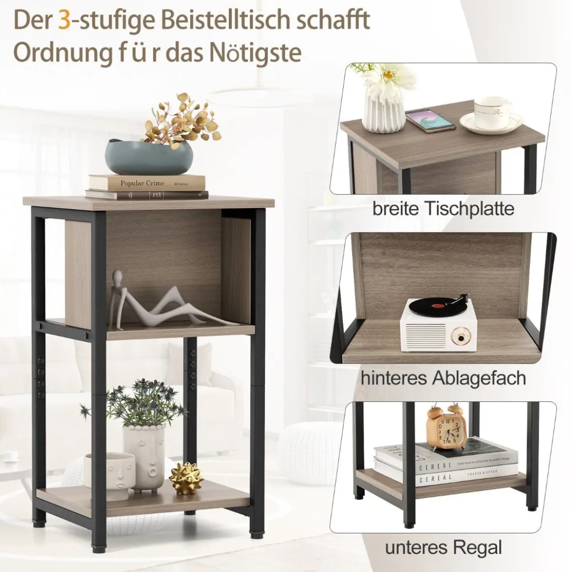 2er Set Nachttisch mit Ablage & Verstellbaren Fußpolstern Beistelltisch Sofatisch 34 x 30 x 58,5 cm