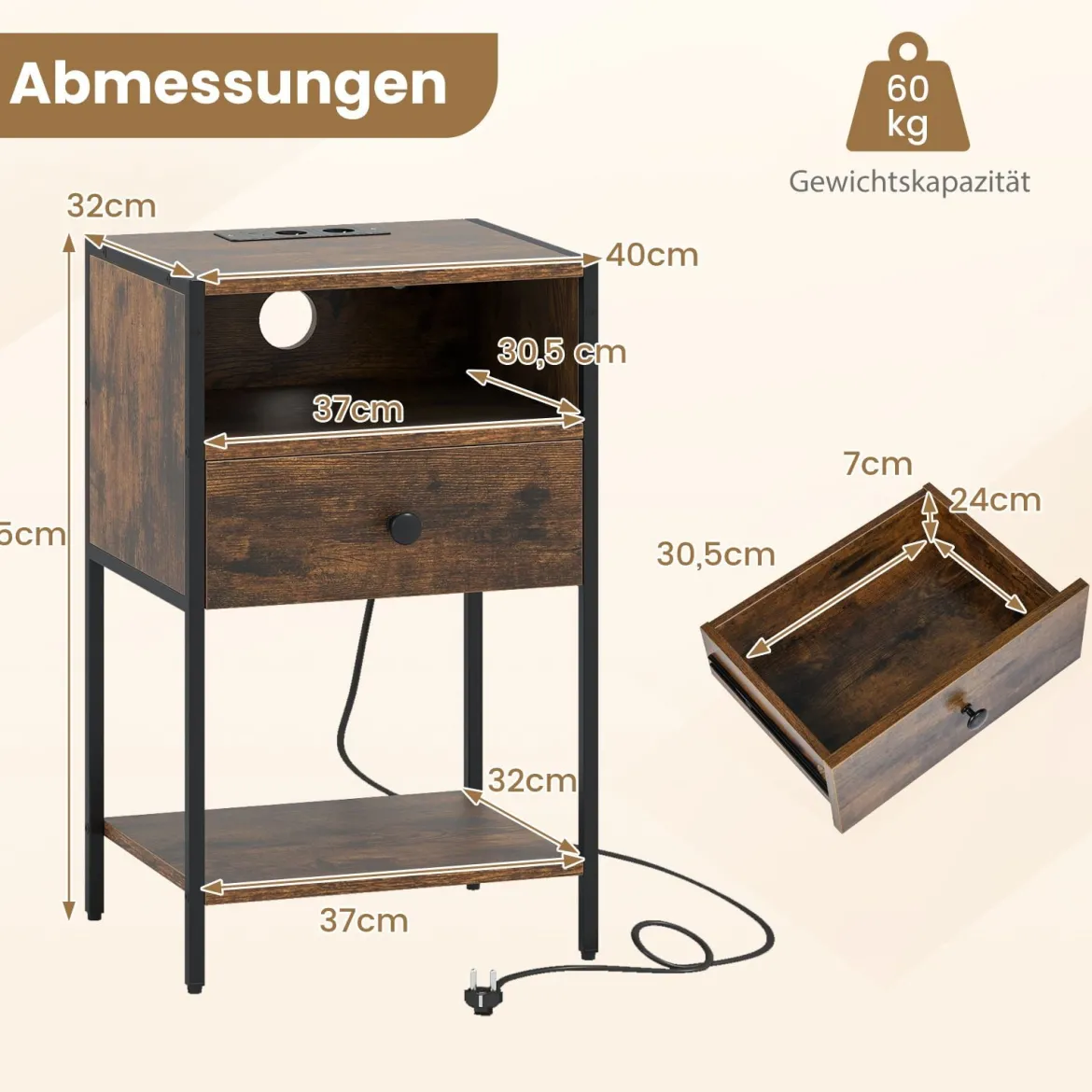 2er Set Nachttisch mit Ladestation Industrial Beistelltisch mit Offenem Fach Schublade & Ablage Rustikales Braun