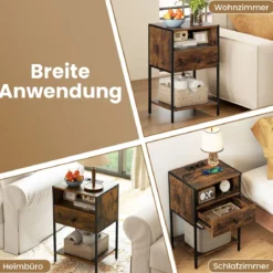2er Set Nachttisch mit Ladestation Industrial Beistelltisch mit Offenem Fach Schublade & Ablage Rustikales Braun