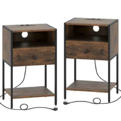 2er Set Nachttisch mit Ladestation Industrial Beistelltisch mit Offenem Fach Schublade & Ablage Rustikales Braun