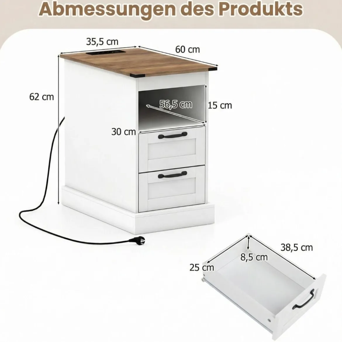 2er Set Nachttisch mit Ladestation Schmaler Beistelltisch mit Ablagefach & 2 Schubladen Weiß