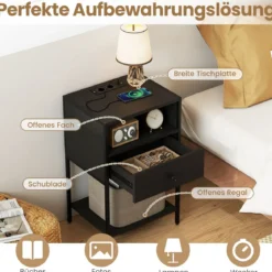 2er Set Nachttisch mit Ladestation Industrial Beistelltisch mit Offenem Fach Schublade & Ablage Schwarz