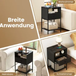 2er Set Nachttisch mit Ladestation Industrial Beistelltisch mit Offenem Fach Schublade & Ablage Schwarz