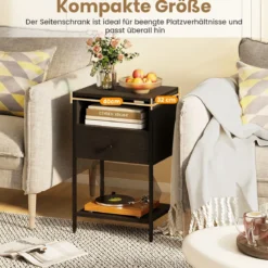 2er Set Nachttisch mit Ladestation Industrial Beistelltisch mit Offenem Fach Schublade & Ablage Schwarz