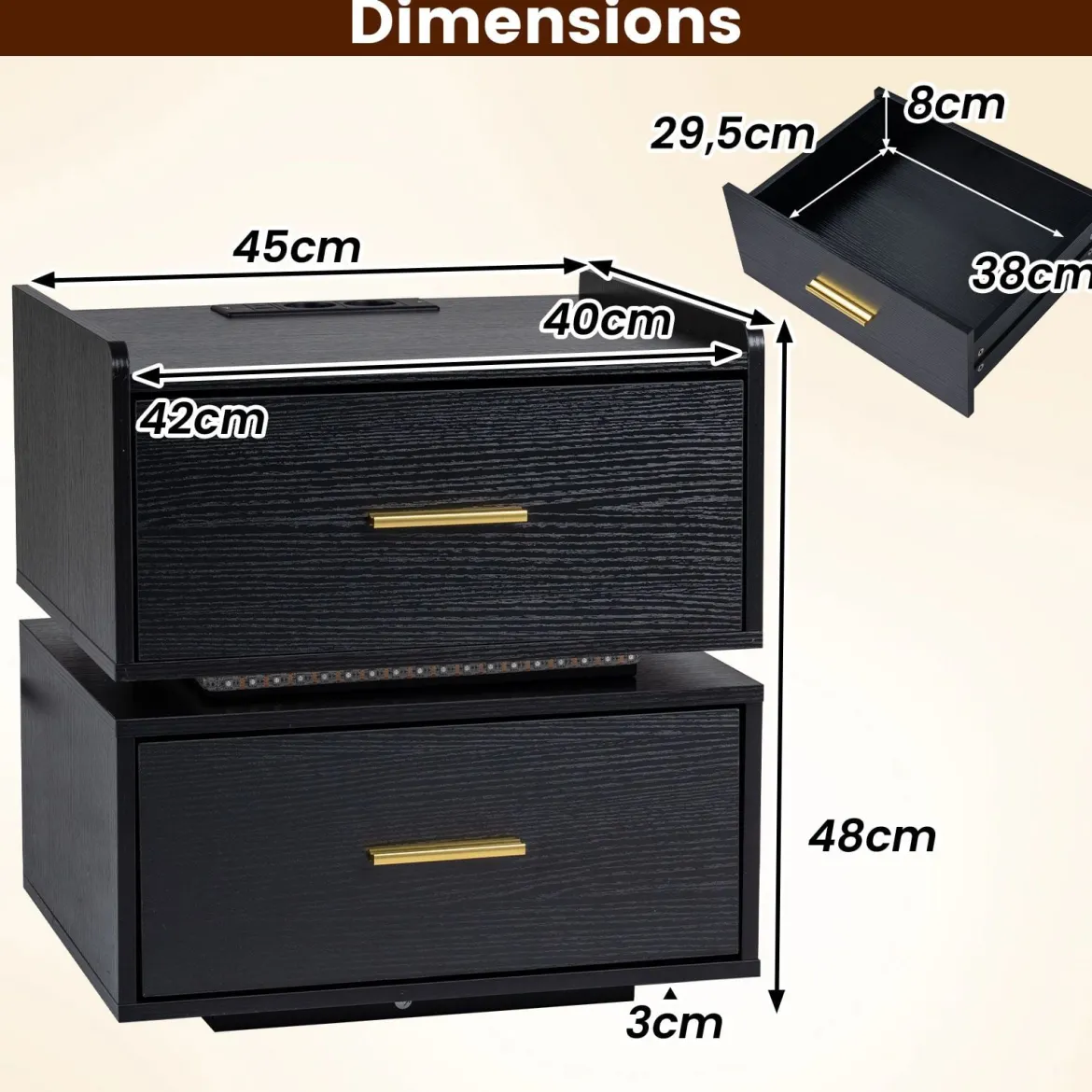 2er SetNachttisch mit Ladestation LED-Bettisch 2 Schubladen modern halb-schwebend Schwarz