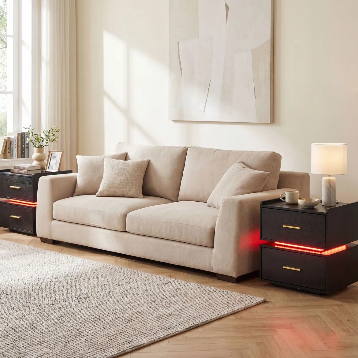 2er SetNachttisch mit Ladestation LED-Bettisch 2 Schubladen modern halb-schwebend Schwarz