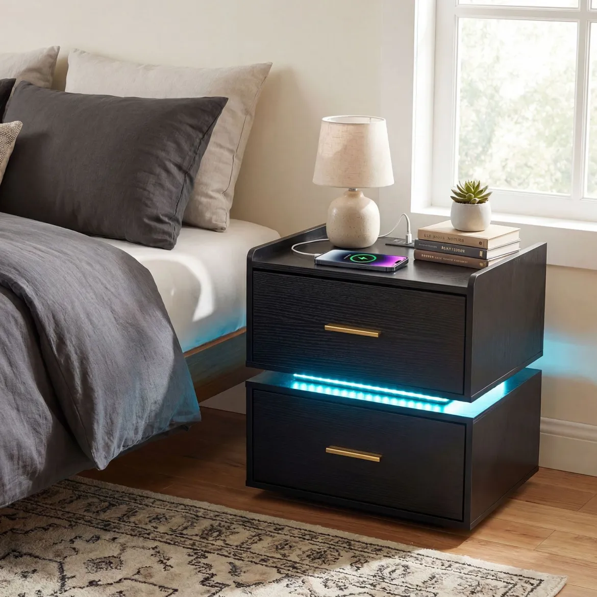 2er SetNachttisch mit Ladestation LED-Bettisch 2 Schubladen modern halb-schwebend Schwarz