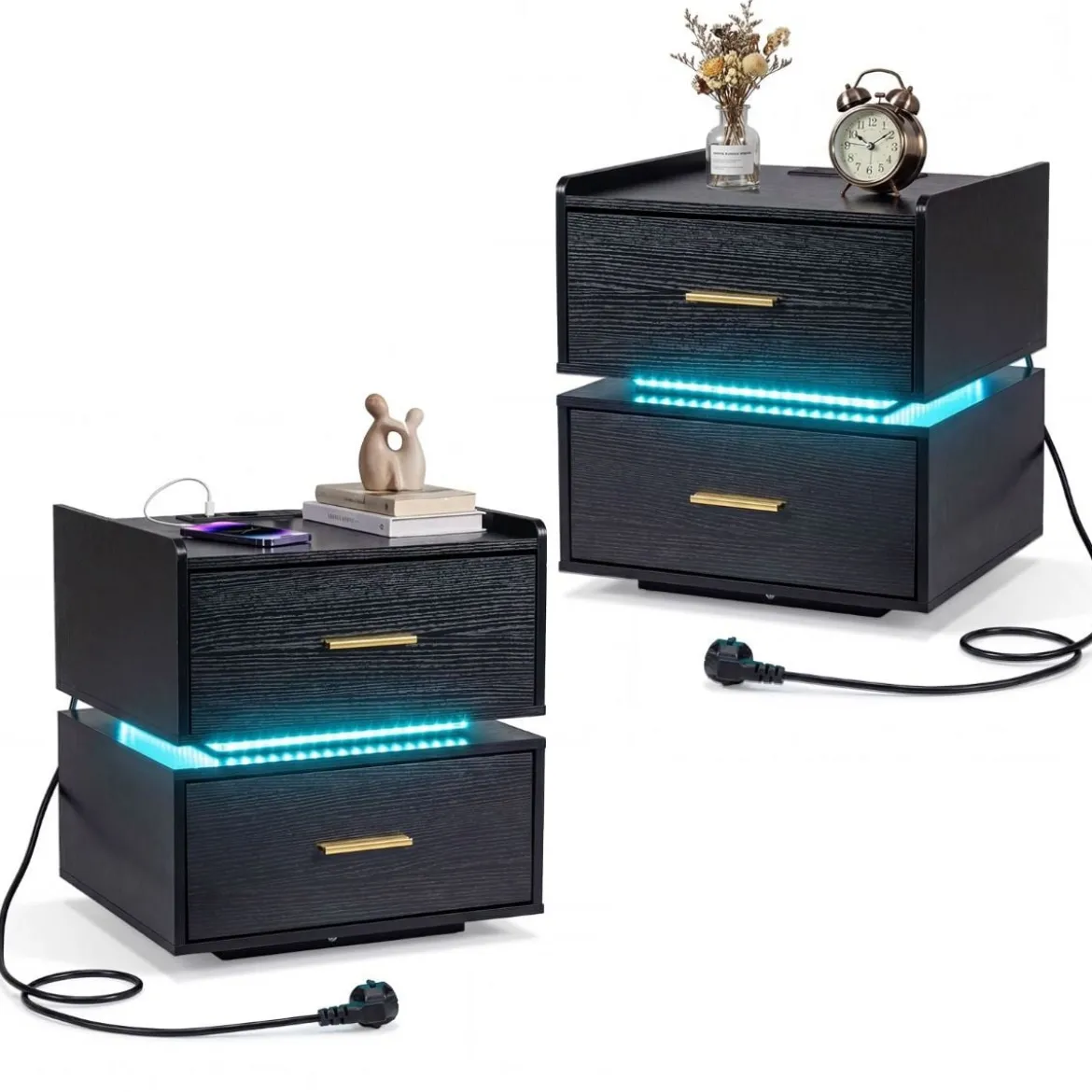 2er SetNachttisch mit Ladestation LED-Bettisch 2 Schubladen modern halb-schwebend Schwarz