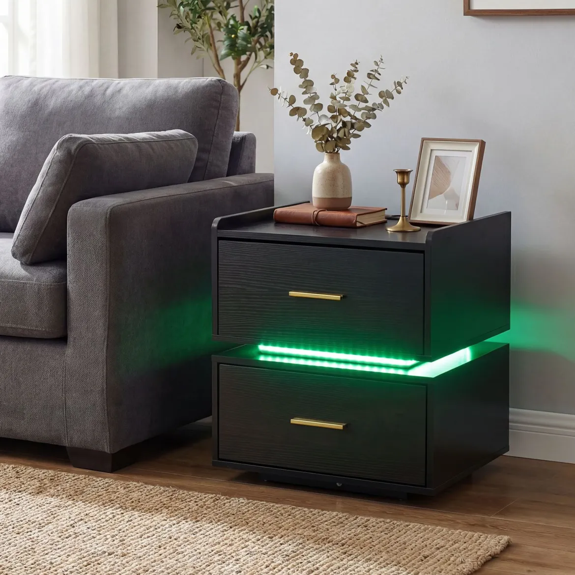 2er SetNachttisch mit Ladestation LED-Bettisch 2 Schubladen modern halb-schwebend Schwarz