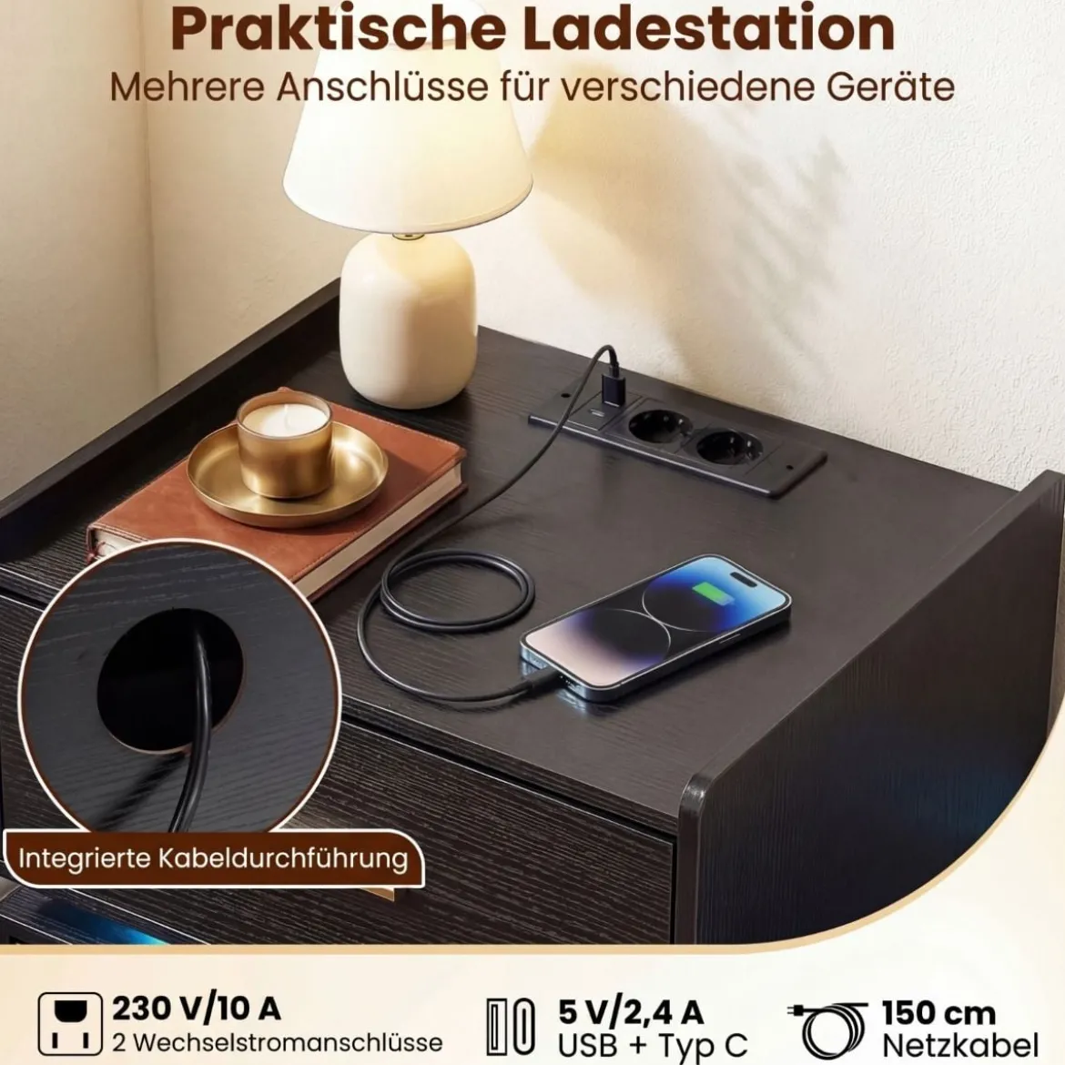 2er SetNachttisch mit Ladestation LED-Bettisch 2 Schubladen modern halb-schwebend Schwarz