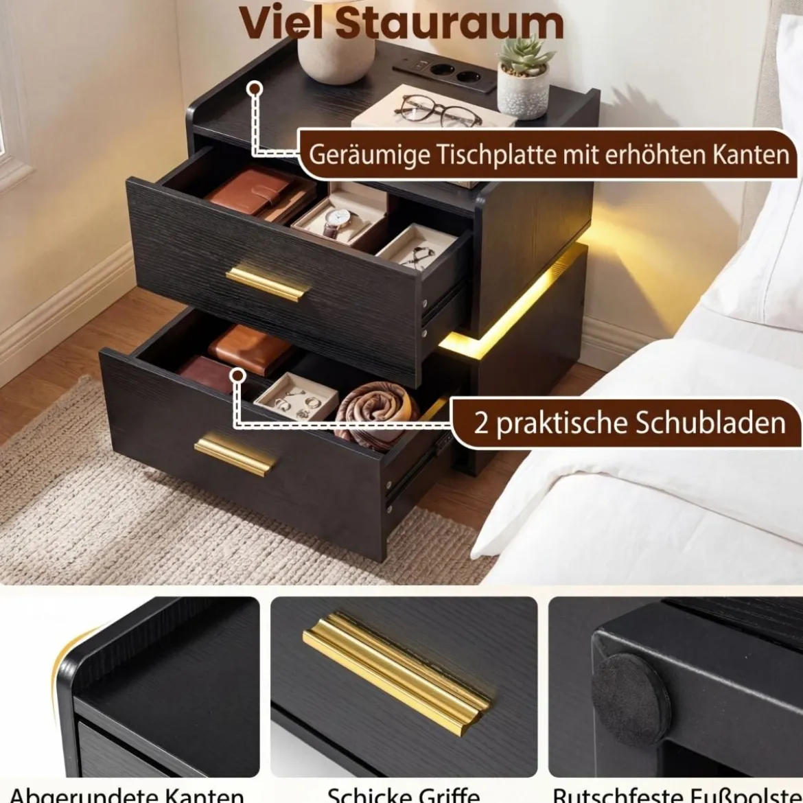 2er SetNachttisch mit Ladestation LED-Bettisch 2 Schubladen modern halb-schwebend Schwarz