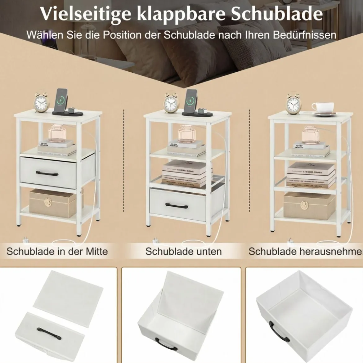 2er Set Nachttisch mit Ladestation Beistelltisch mit Stoffschublade & Ablagefächern Weiß