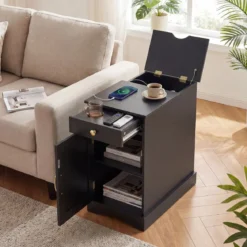 2er Set Nachttisch mit Ladestation Beistelltisch mit Verstellbarem Regal Holz Nachtschrank Schwarz