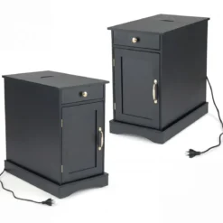 2er Set Nachttisch mit Ladestation Beistelltisch mit Verstellbarem Regal Holz Nachtschrank Schwarz