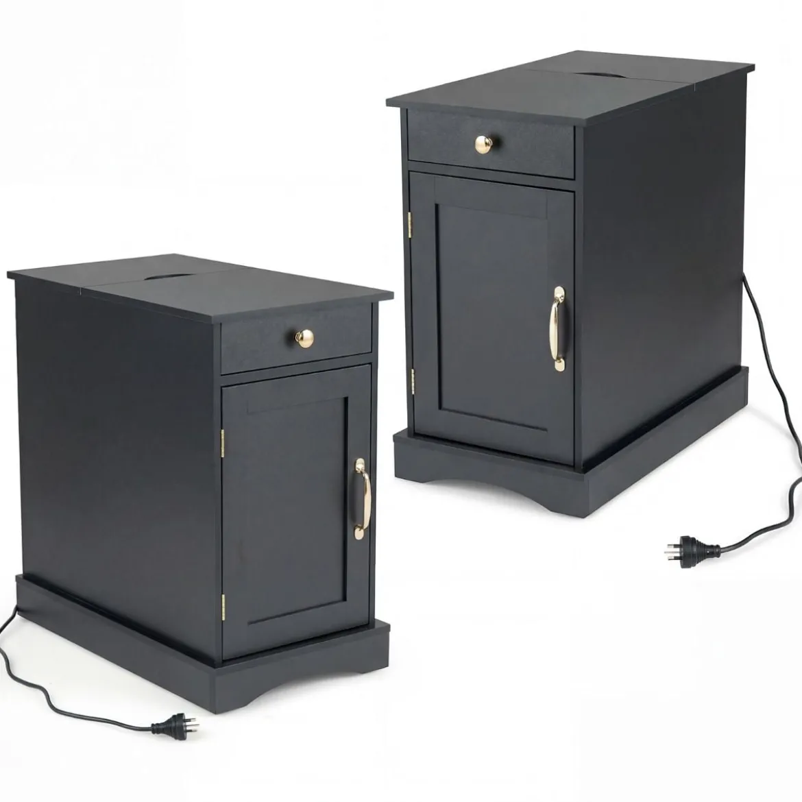 2er Set Nachttisch mit Ladestation Beistelltisch mit Verstellbarem Regal Holz Nachtschrank Schwarz