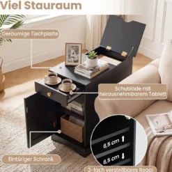 2er Set Nachttisch mit Ladestation Beistelltisch mit Verstellbarem Regal Holz Nachtschrank Schwarz