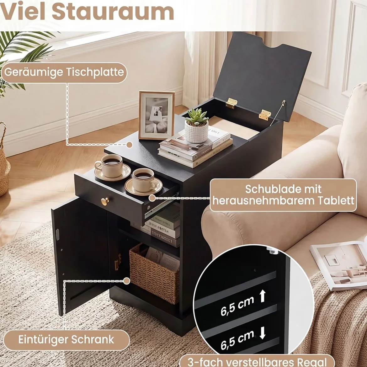 2er Set Nachttisch mit Ladestation Beistelltisch mit Verstellbarem Regal Holz Nachtschrank Schwarz