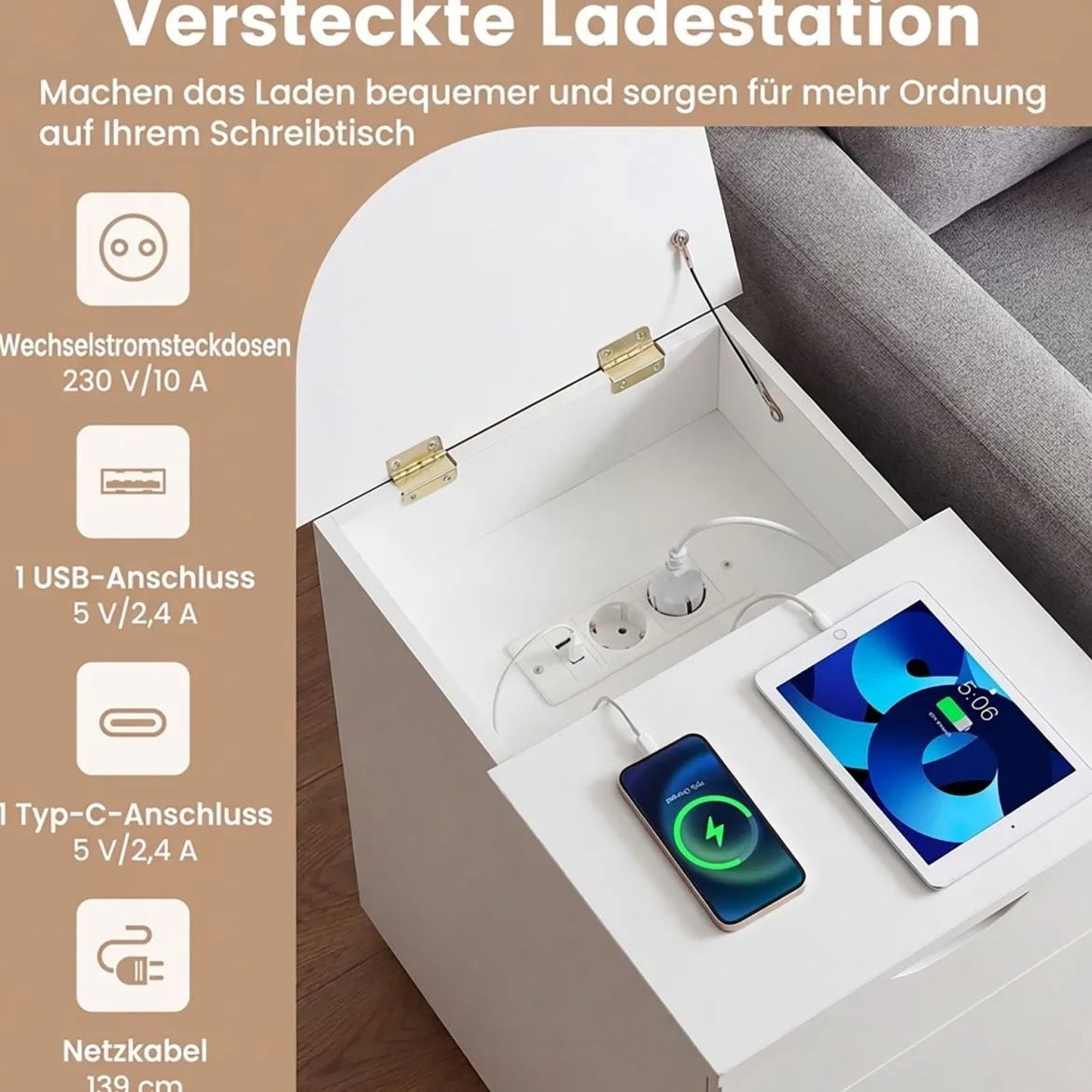 2er Set Nachttisch mit Ladestation Beistelltisch mit Verstellbarem Regal Holz Nachtschrank Weiß