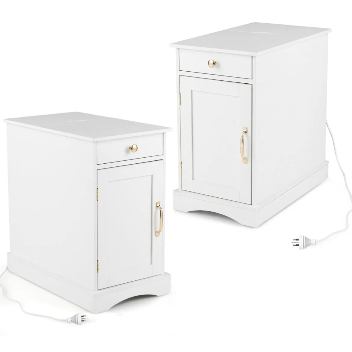 2er Set Nachttisch mit Ladestation Beistelltisch mit Verstellbarem Regal Holz Nachtschrank Weiß