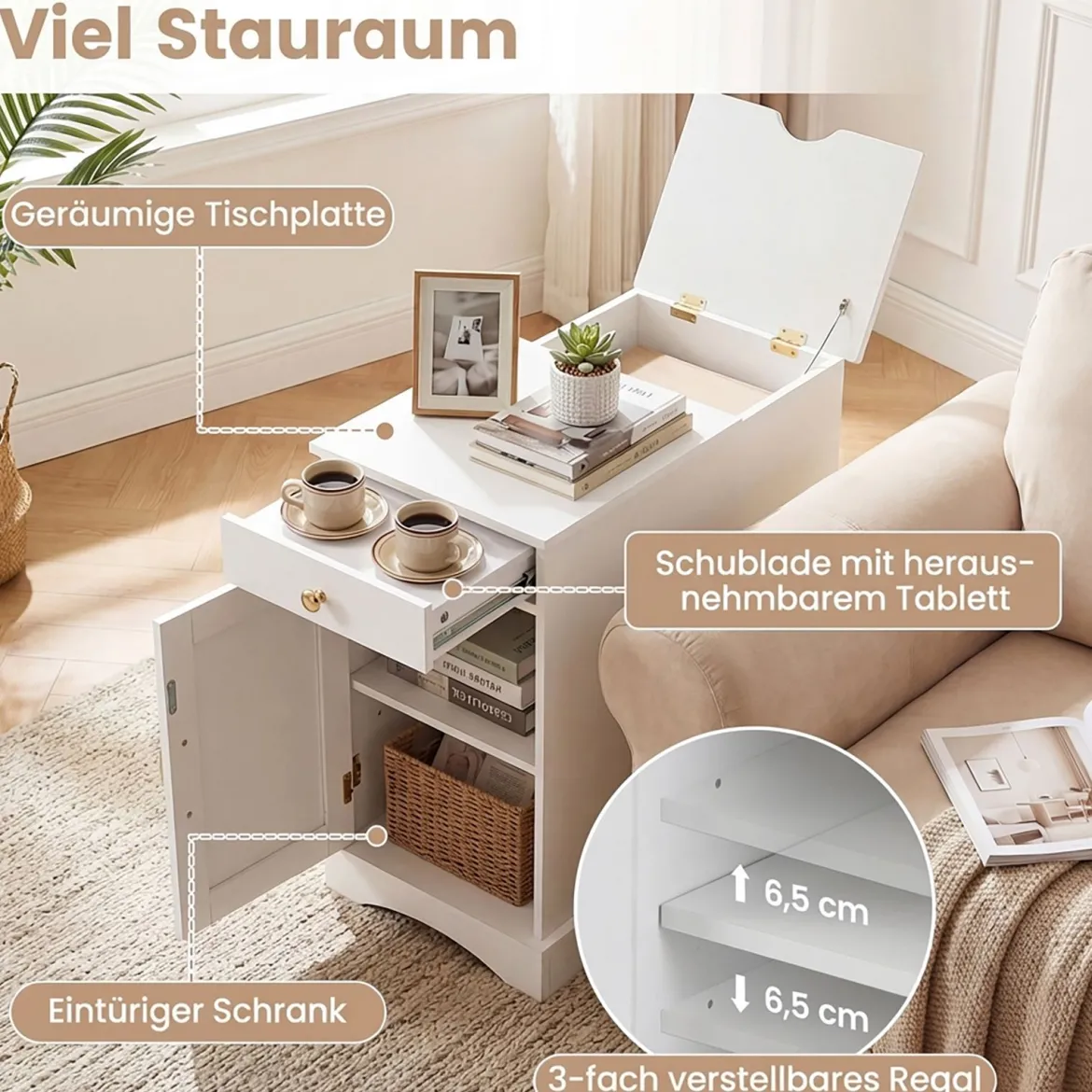 2er Set Nachttisch mit Ladestation Beistelltisch mit Verstellbarem Regal Holz Nachtschrank Weiß