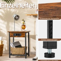 2er Set Nachttisch mit Ladestation & 2 USB-Anschlüssen & 2 Steckdosen Beistelltisch für Schlafzimmer Wohnzimmer