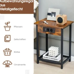 2er Set Nachttisch mit Ladestation & 2 USB-Anschlüssen & 2 Steckdosen Beistelltisch für Schlafzimmer Wohnzimmer