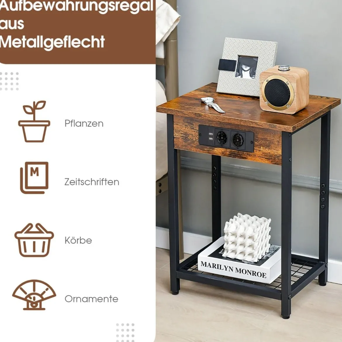 2er Set Nachttisch mit Ladestation & 2 USB-Anschlüssen & 2 Steckdosen Beistelltisch für Schlafzimmer Wohnzimmer