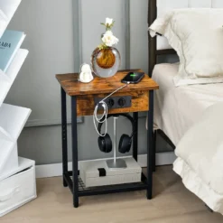 2er Set Nachttisch mit Ladestation & 2 USB-Anschlüssen & 2 Steckdosen Beistelltisch für Schlafzimmer Wohnzimmer