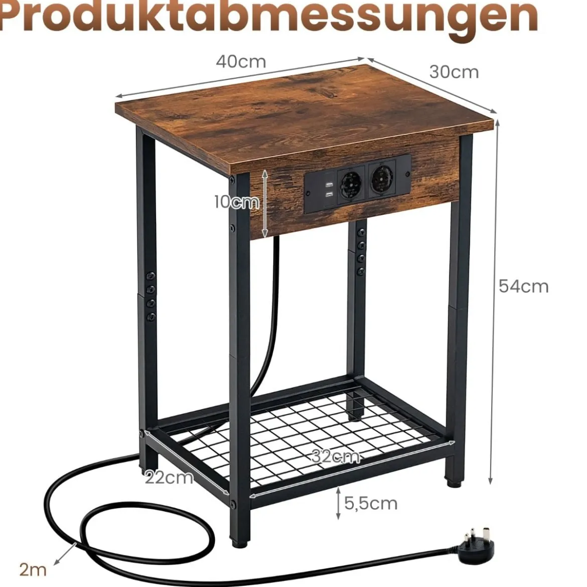 2er Set Nachttisch mit Ladestation & 2 USB-Anschlüssen & 2 Steckdosen Beistelltisch für Schlafzimmer Wohnzimmer