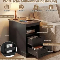2er Set Nachttisch mit Ladestation Schmaler Beistelltisch mit Ablagefach & 2 Schubladen Schwarz