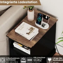 2er Set Nachttisch mit Ladestation Schmaler Beistelltisch mit Ablagefach & 2 Schubladen Schwarz