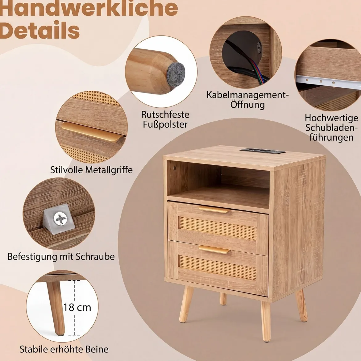 2er Set Nachttisch mit Ladestation (nur 1 Nachttisch mit Ladestation) & LED-Leuchten mit 2 Schubladen Natur