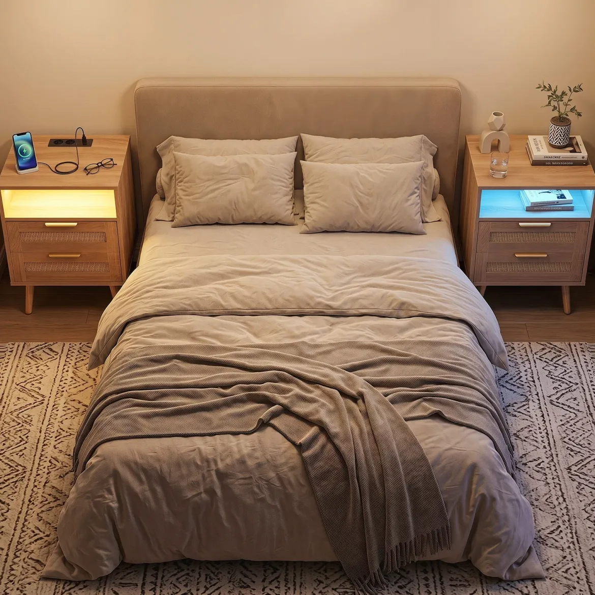 2er Set Nachttisch mit Ladestation (nur 1 Nachttisch mit Ladestation) & LED-Leuchten mit 2 Schubladen Natur