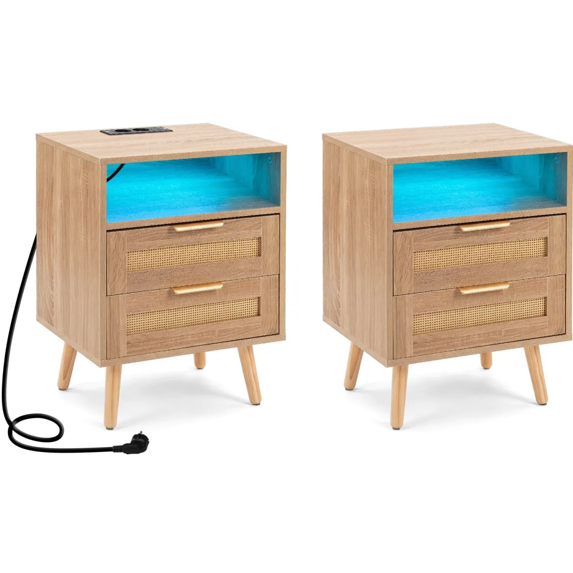 2er Set Nachttisch mit Ladestation (nur 1 Nachttisch mit Ladestation) & LED-Leuchten mit 2 Schubladen Natur